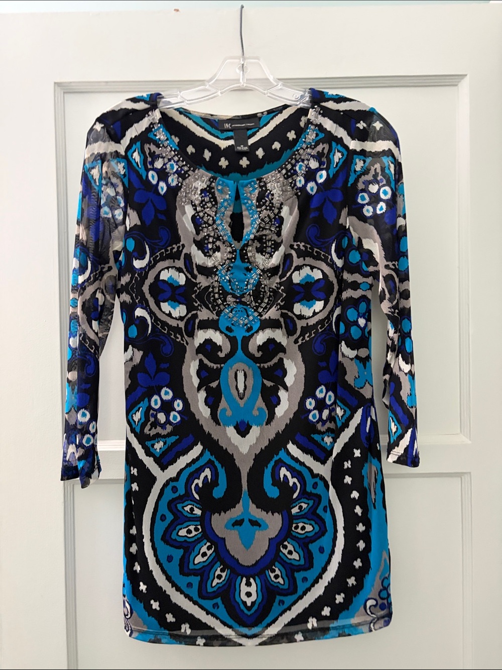 INC International Concepts Blue, Black, & Gray Printed Long-Sleeve Tunic Blouse